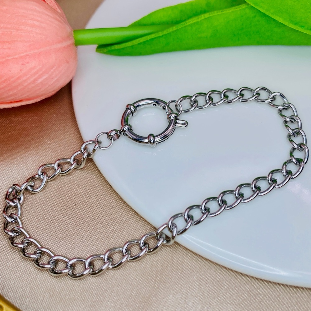 Curb Link Chain Spring Mariner Clasp Stackable Bracelet Silver